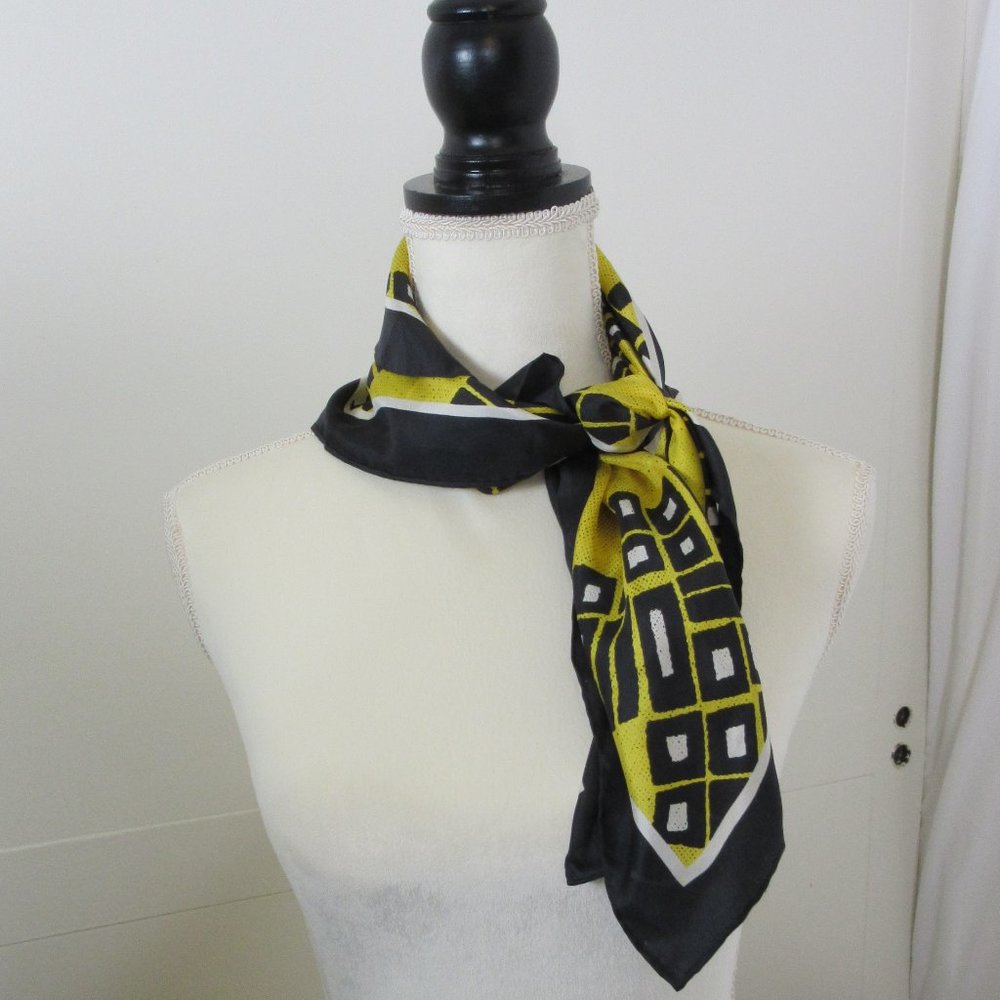 Burmel Vintage Scarf Yellow and Black Geometric Pattern Silky Silk 25"